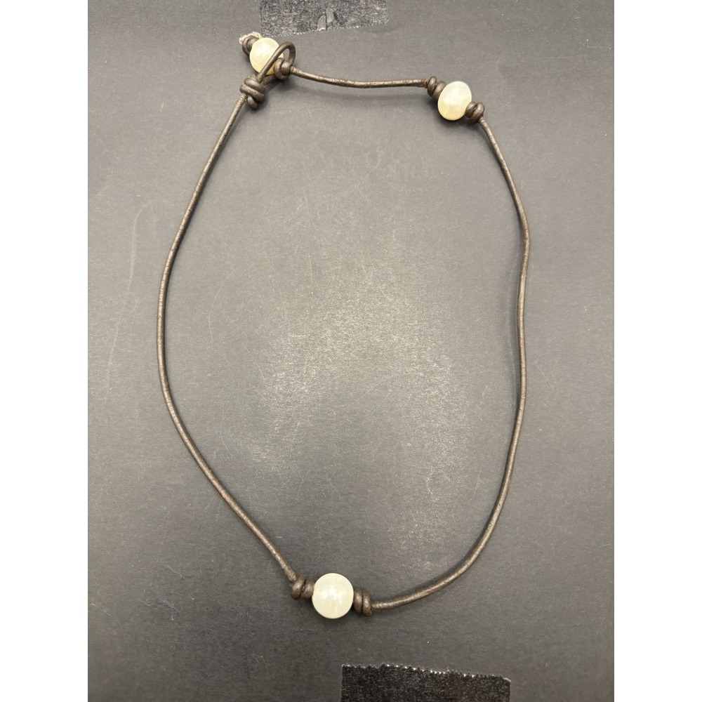 18" Brown Leather Lariat Genuine Pearl Necklace H13